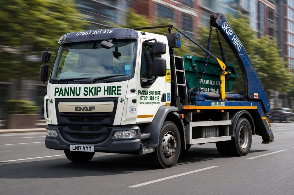 Pannu Skip Hire lorry delivering a skip in Rugeley