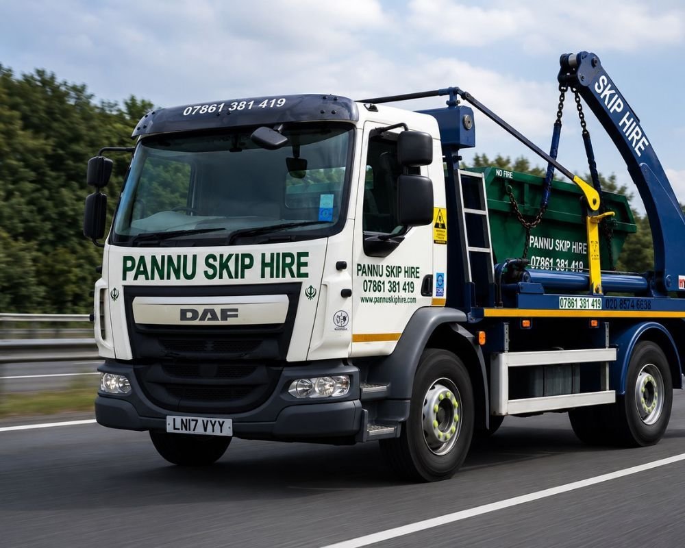 Pannu Skip Hire lorry delivering a skip to a customer driveway