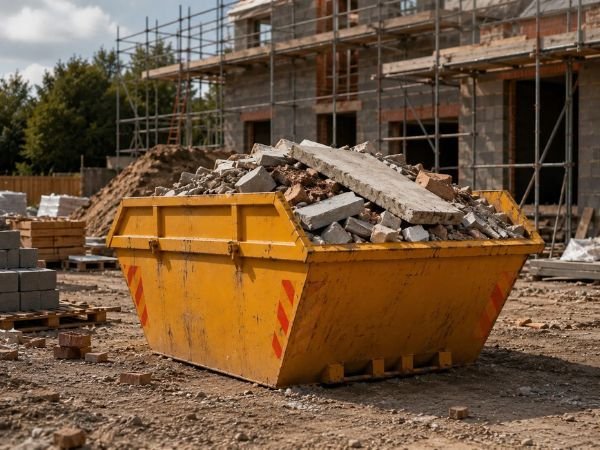 Builders skip loaded with construction waste on a Rugeley site