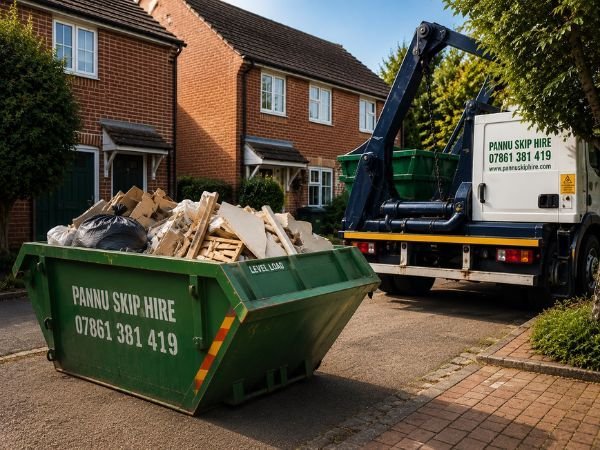Domestic skip on a driveway during a house clearance